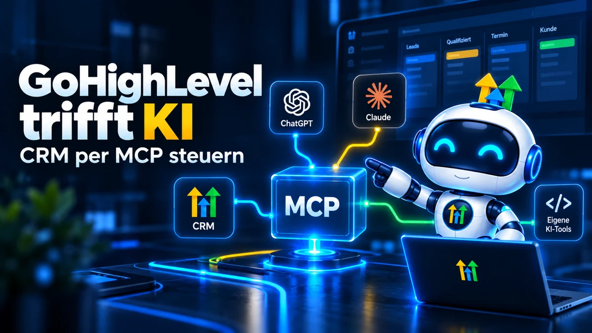 Roboter am Laptop verbindet ChatGPT und Claude über einen MCP-Baustein mit einer GoHighLevel-Pipeline aus Leads, Qualifiziert, Termin und Kunde