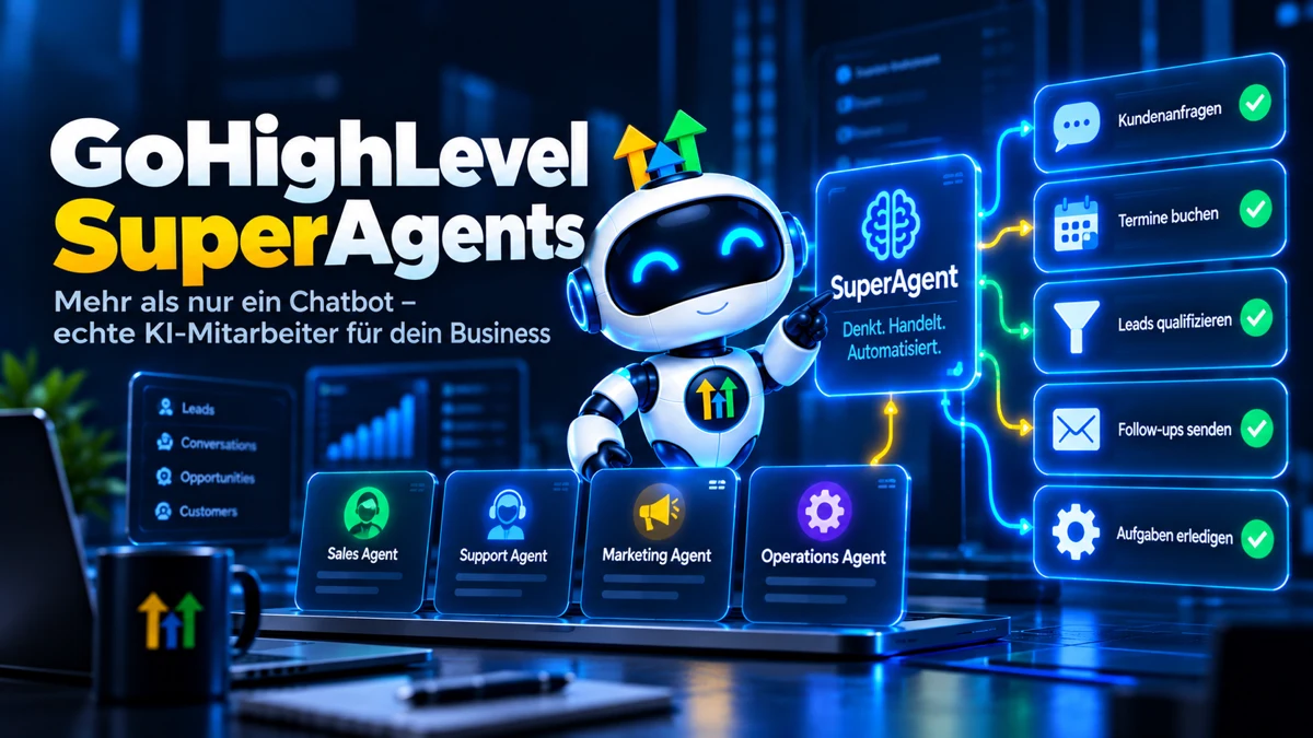 GoHighLevel SuperAgents als KI-Mitarbeiter, ein Roboter steuert Sales-, Support-, Marketing- und Operations-Agent, die Kundenanfragen beantworten, Termine buchen, Leads qualifizieren und Follow-ups senden