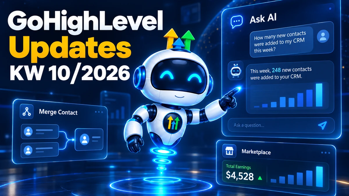 GoHighLevel Update KW10/2026, Roboter stellt Ask AI eine Frage zu CRM-Daten, daneben die Merge-Contact-Workflow-Aktion und das Marketplace Earning Dashboard