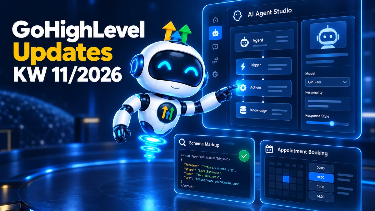 GoHighLevel Update KW11/2026, Roboter richtet einen Agenten im neuen AI Agent Studio ein, daneben automatisches Schema Markup für SEO und die verbesserte Terminbuchung