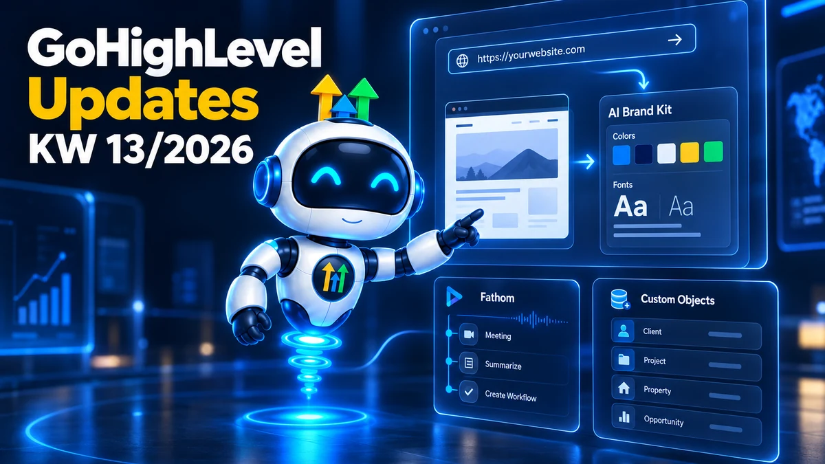 GoHighLevel Update KW13/2026, Roboter lässt KI aus einer Website-Adresse Farben und Schriften ableiten, daneben automatische Fathom-Workflows nach Meetings und Vorlagen für Custom Objects