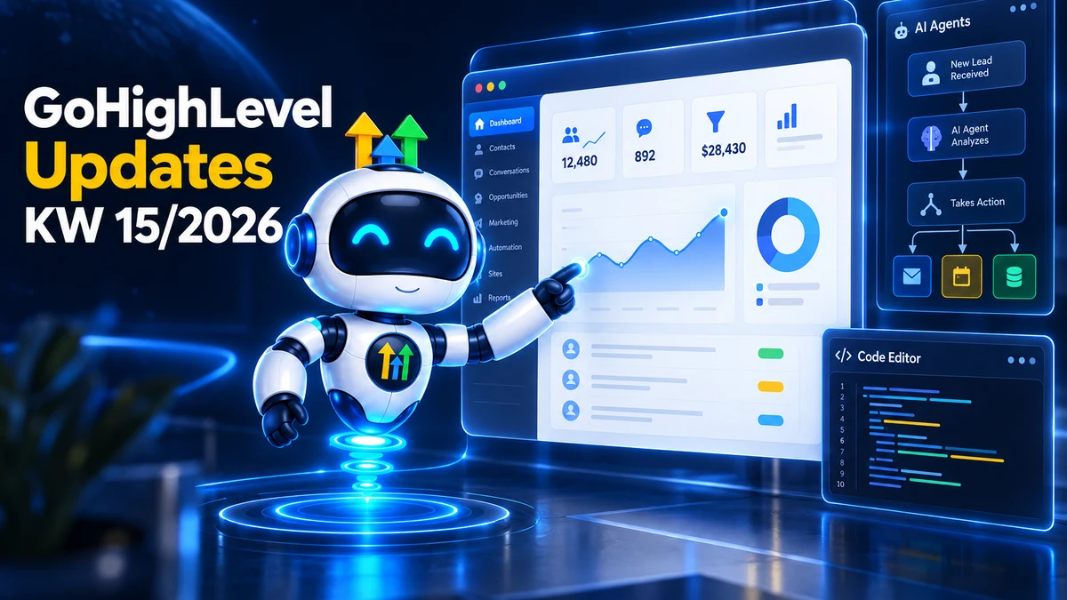 GoHighLevel Update KW15/2026, Roboter zeigt die vollständig als White Label anpassbare Desktop-App, daneben KI-Agenten mit eigenständigen Workflow-Entscheidungen und ein Code-Editor