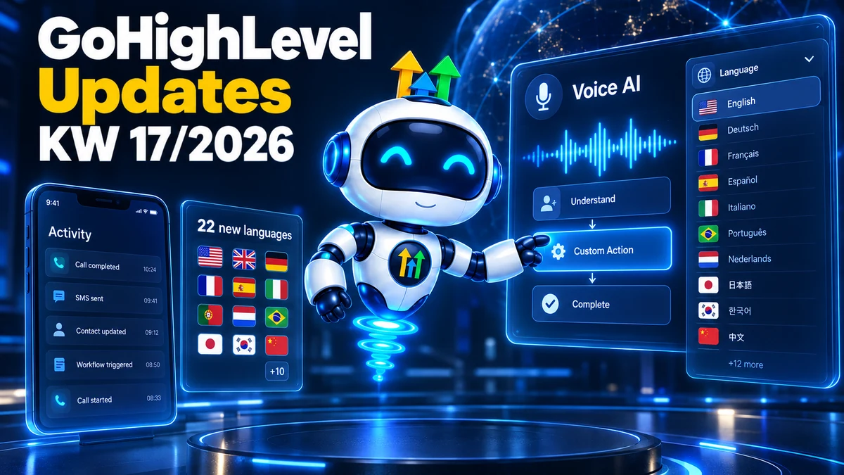 GoHighLevel Update KW17/2026, Roboter konfiguriert strukturierte Custom Actions für Voice AI mit 22 neuen Sprachen, daneben der Activity Tab in der mobilen App
