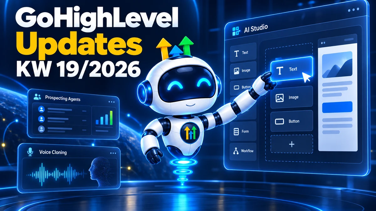 GoHighLevel Update KW19/2026, Roboter arbeitet im neuen visuellen Editor von AI Studio, daneben angekündigte Prospecting Agents und Voice Cloning in den Labs