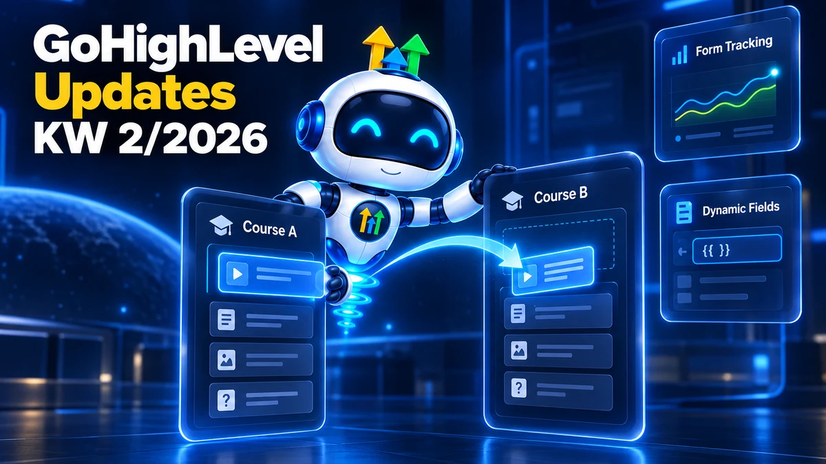 GoHighLevel Update KW2/2026, Roboter klont Kursinhalte von einem Kurs in einen anderen, daneben verbessertes Form-Tracking und dynamische Felder in Vorlagen