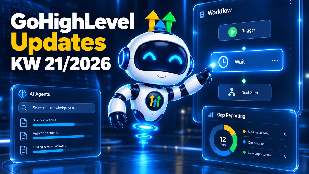 GoHighLevel Update KW21/2026, Roboter richtet die vereinfachte Wait-Action im Workflow ein, daneben AI-Agenten mit Live-Zugriff auf die Wissensbasis und automatische Meldung von Wissenslücken