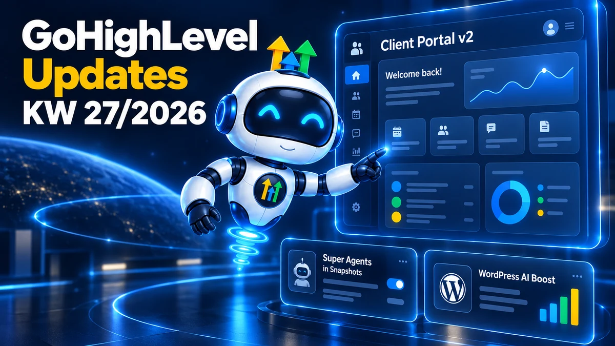 GoHighLevel Update KW27/2026, Roboter zeigt das Client Portal in Version zwei für Endkunden, daneben Super Agents in Snapshots und der WordPress-KI-Ausbau