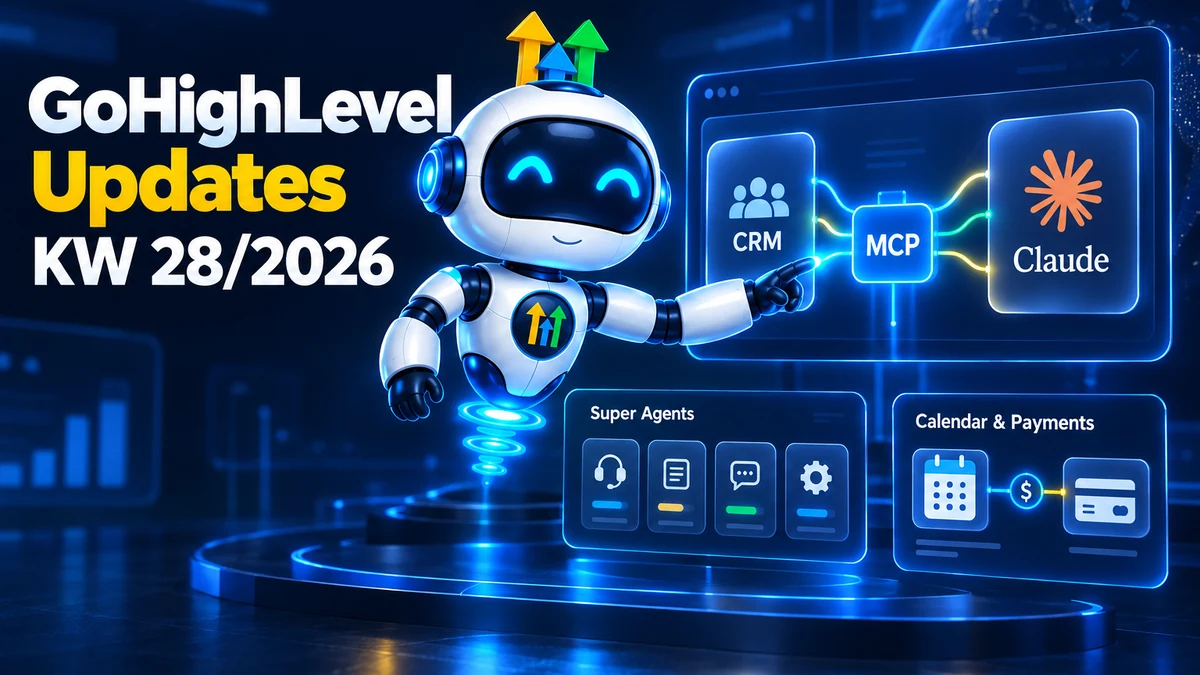 GoHighLevel Update KW28/2026, Roboter verbindet GoHighLevel über den MCP-Connector mit Anthropic Claude, daneben vier Super-Agents-Updates und das Kalender-Payment-Upgrade