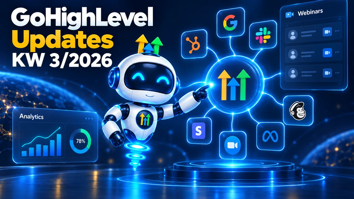 GoHighLevel Update KW3/2026, Roboter verbindet mehrere externe Dienste im neuen Integration-Hub, daneben externes Tracking-Analytics und wiederkehrende Webinare