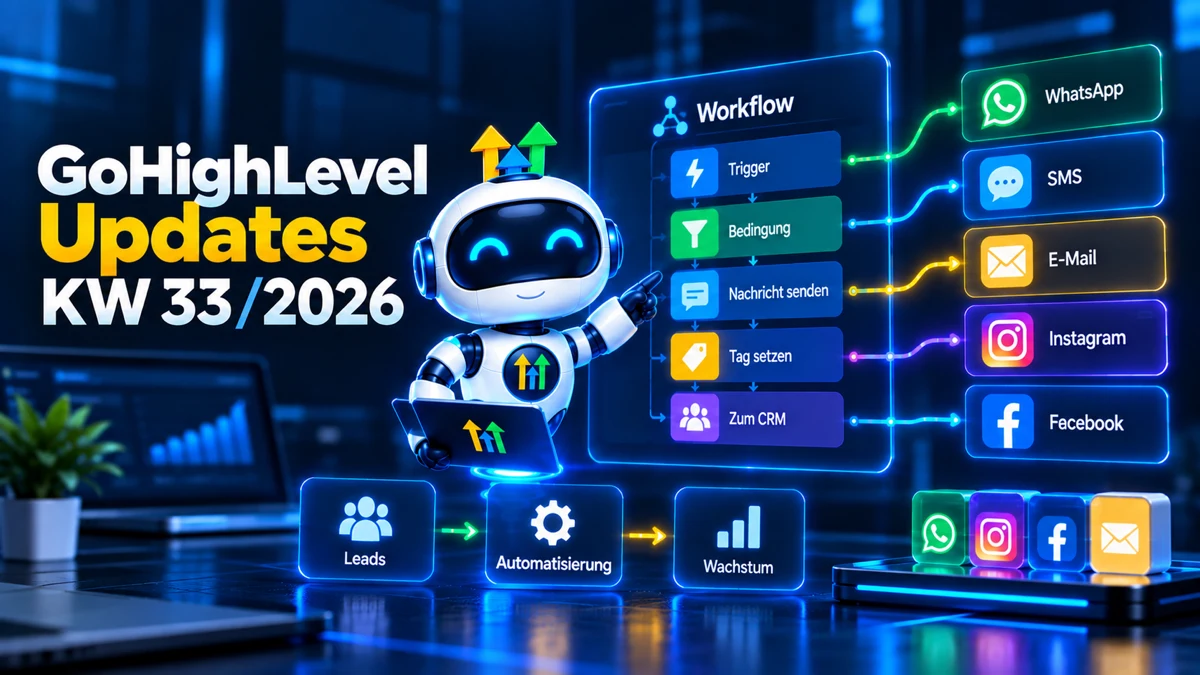 GoHighLevel Update KW33/2026, Roboter importiert Kontakte aus HubSpot nach GoHighLevel, daneben ein Kontakt-Overlay, WhatsApp Analytics und Google Merchant Center