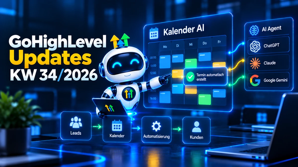 GoHighLevel Update KW34/2026, Roboter zeigt Kalender AI, die einen Termin automatisch erstellt, mit angebundenem AI Agent für ChatGPT, Claude und Google Gemini sowie dem Ablauf von Leads über Kalender und Automatisierung zu Kunden