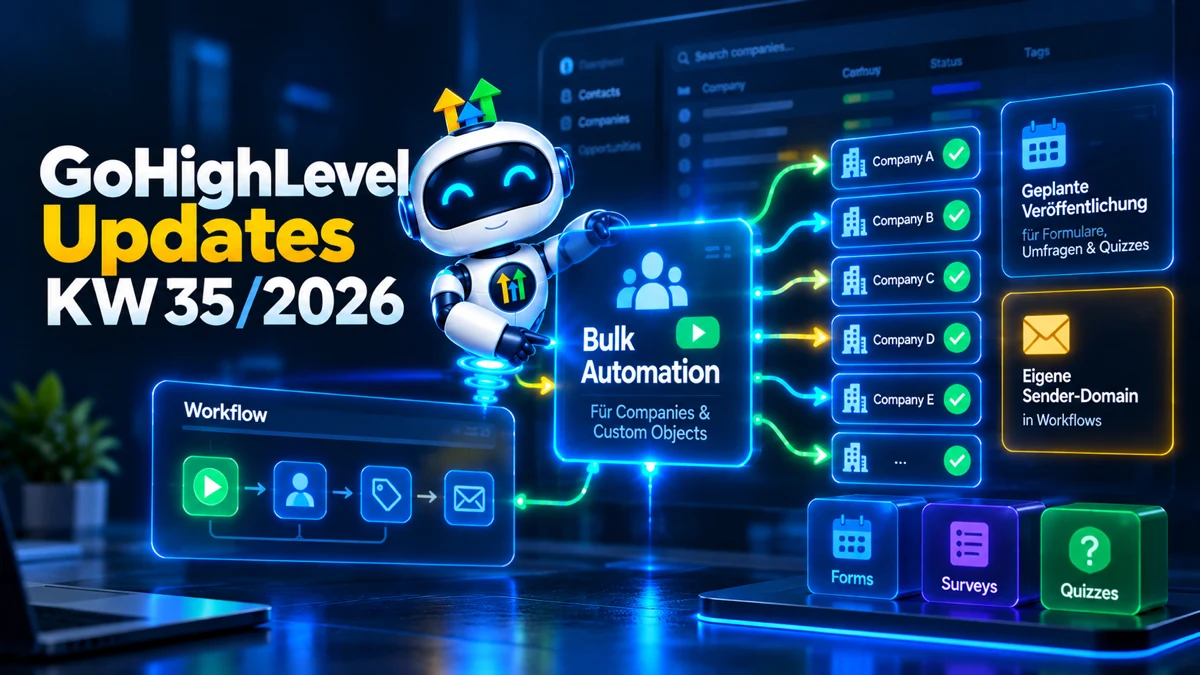 GoHighLevel Update KW35/2026, Roboter startet eine Bulk-Automation für Companies und Custom Objects über mehrere Firmen gleichzeitig, daneben geplante Veröffentlichung für Formulare, Umfragen und Quizzes sowie eigene Sender-Domain in Workflows
