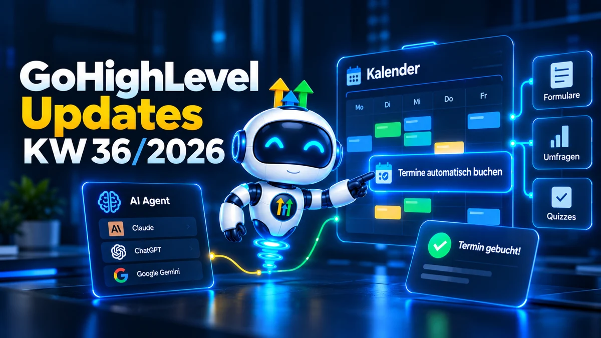 GoHighLevel Update KW36/2026, ein KI-Agent mit Claude, ChatGPT und Google Gemini bucht Termine automatisch im Kalender, daneben Formulare, Umfragen und Quizzes