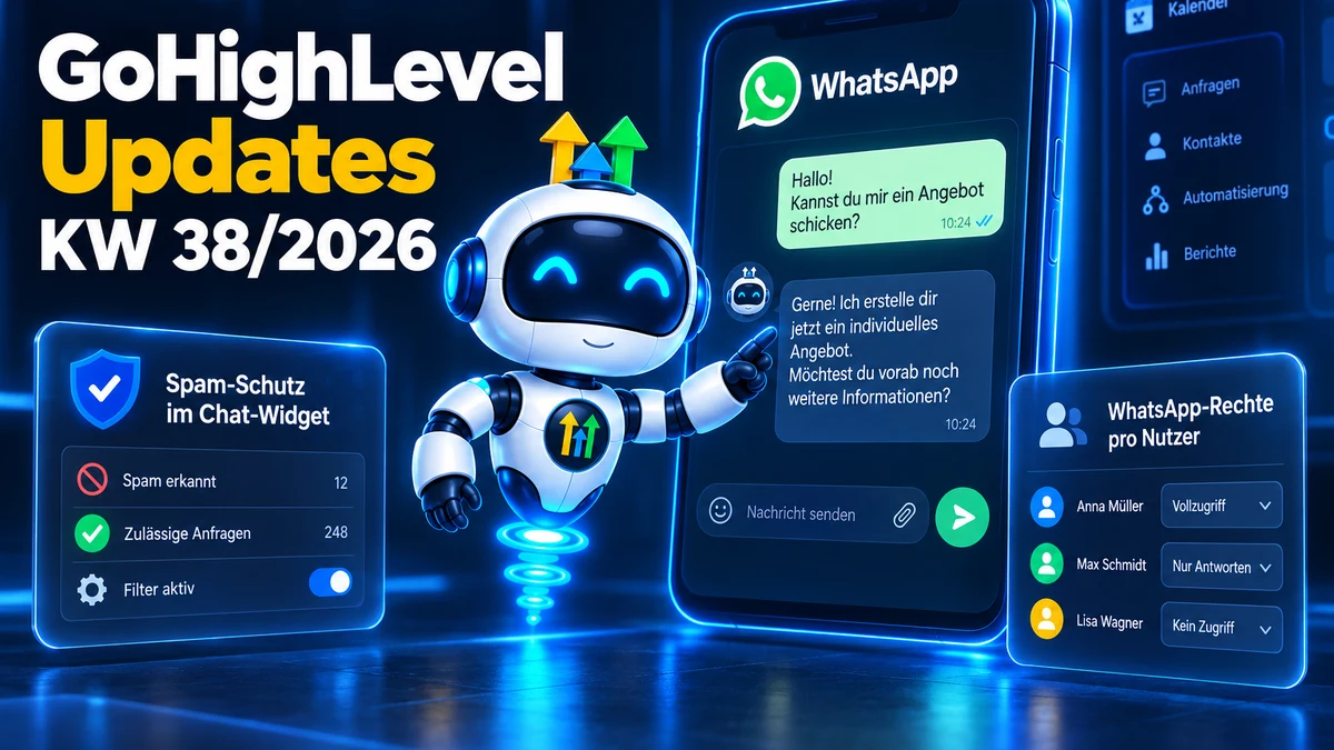 GoHighLevel Updates KW 38/2026: Roboter neben einem WhatsApp-Chat mit KI-Antwort, links eine Karte zum Spam-Schutz im Chat-Widget, rechts WhatsApp-Rechte pro Nutzer mit Vollzugriff, Nur Antworten und Kein Zugriff