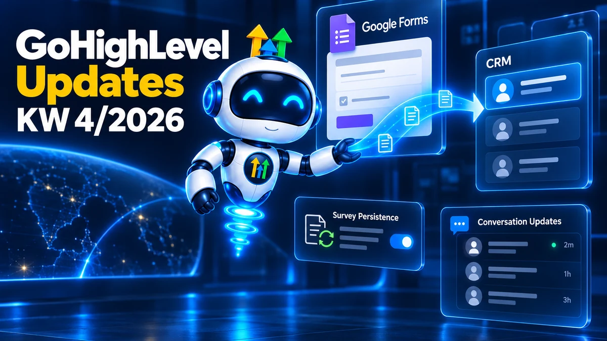 GoHighLevel Update KW4/2026, Roboter leitet Einsendungen aus einem Google-Formular ins CRM, daneben Survey Persistence und Neuerungen in den Conversations