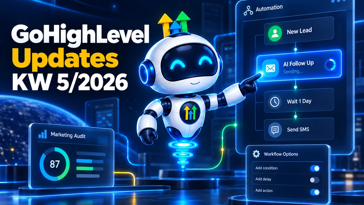 GoHighLevel Update KW5/2026, Roboter startet ein automatisches KI-Follow-up im Workflow, daneben die Marketing-Audit-Report-Aktion und erweiterte Workflow-Optionen