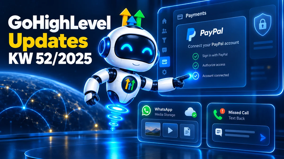 GoHighLevel Update KW52/2025, Roboter verbindet ein PayPal-Konto per OAuth im Payments-Bereich, daneben WhatsApp Media Storage und Missed Call Text Back