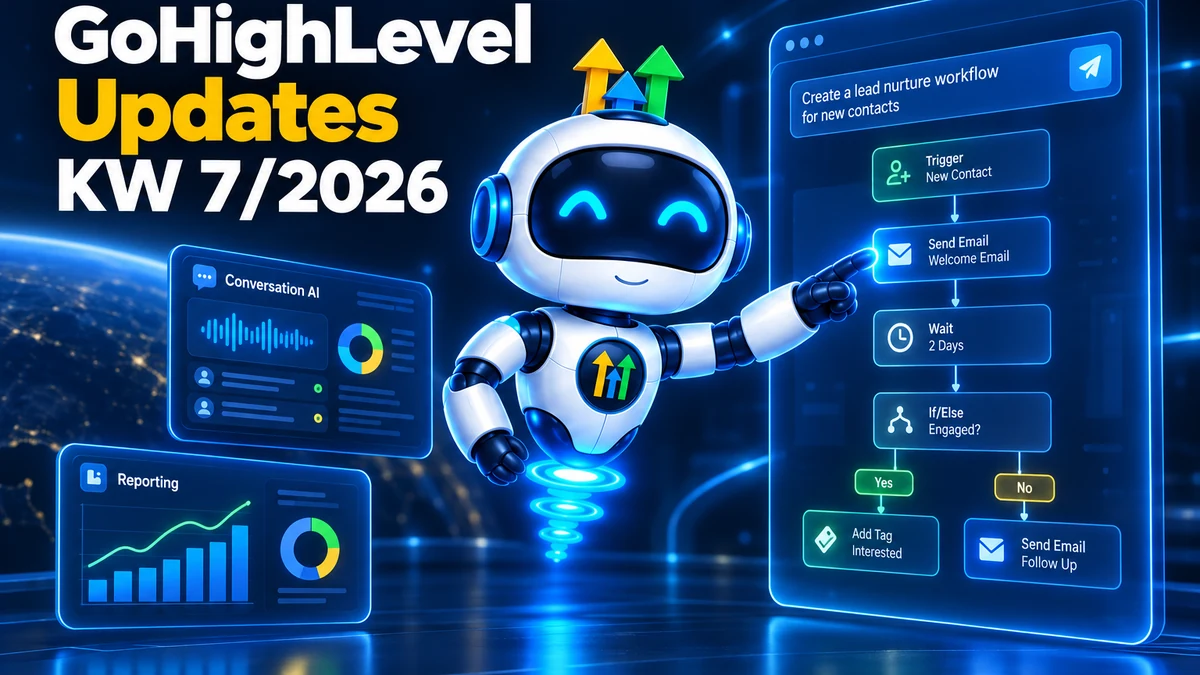 GoHighLevel Update KW7/2026, Roboter lässt die KI aus einer Anweisung einen kompletten Workflow bauen, daneben Zusammenfassungen aus Conversation AI und erweitertes Reporting