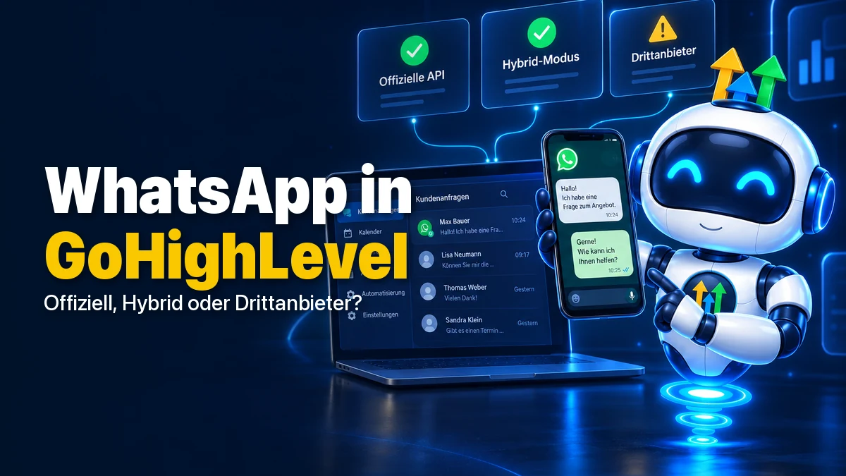 Roboter hält ein Smartphone mit WhatsApp-Chat, daneben ein Laptop mit derselben Unterhaltung im CRM, darüber drei Karten: Offizielle API und Hybrid-Modus mit grünem Haken, Drittanbieter mit gelbem Warndreieck