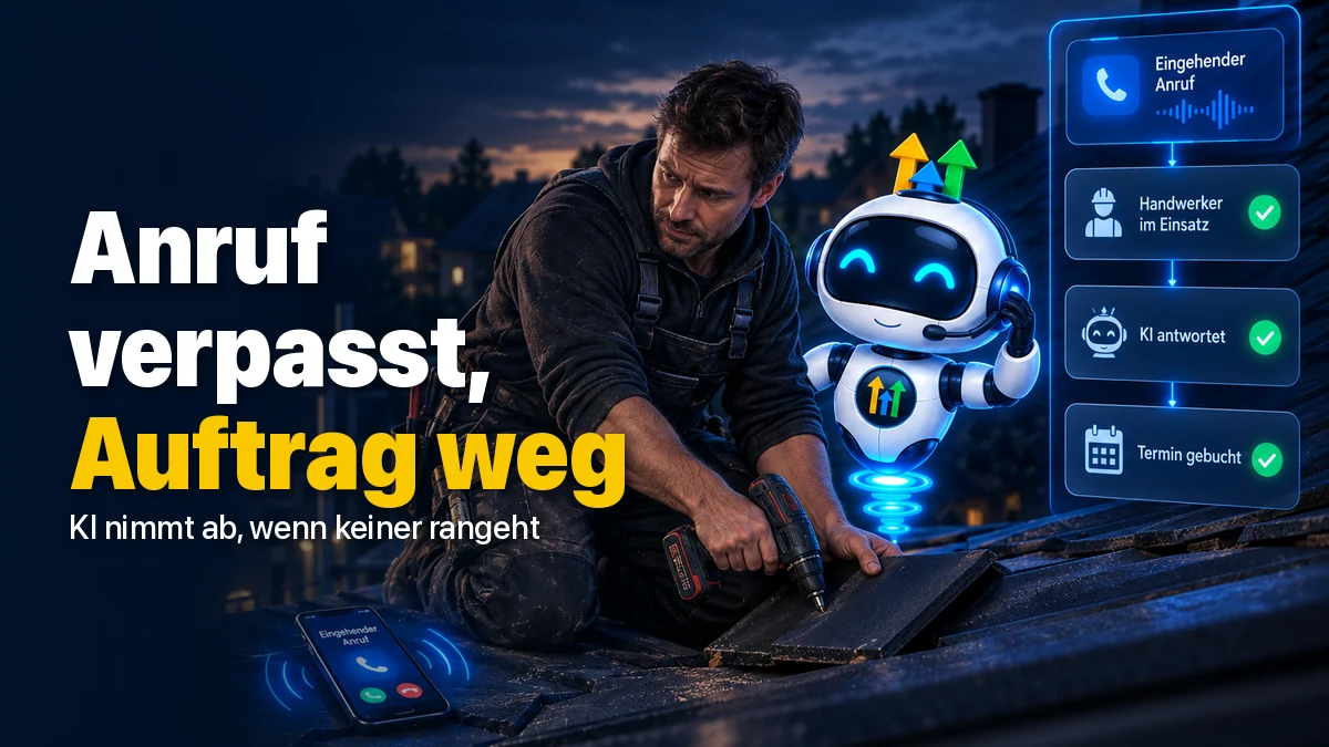 Handwerker auf einem Dach kann sein klingelndes Telefon nicht annehmen, während ein KI-Telefonassistent den Anruf entgegennimmt, einen Kontakt im CRM anlegt und einen Termin bucht