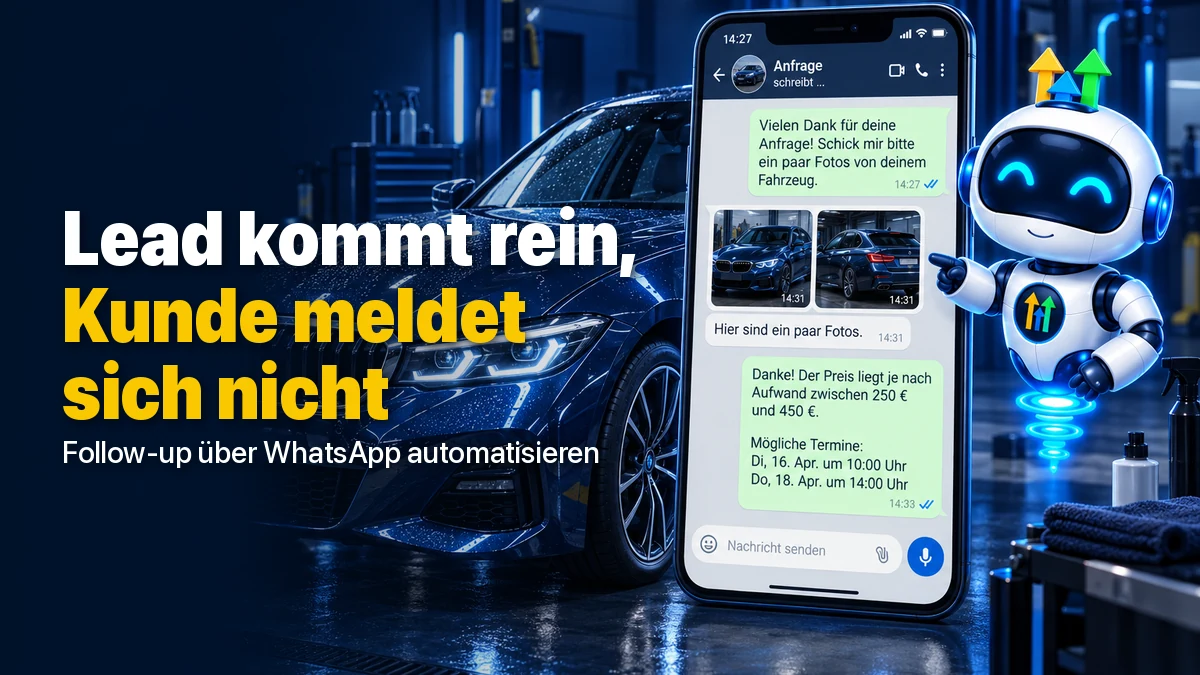 WhatsApp-Chat einer Autoaufbereitungs-Anfrage mit drei Fahrzeugfotos, automatischer Preisspanne und zwei Terminvorschlägen, daneben ein Workflow aus Formulareingang, Wartezeit und Nachfassnachricht